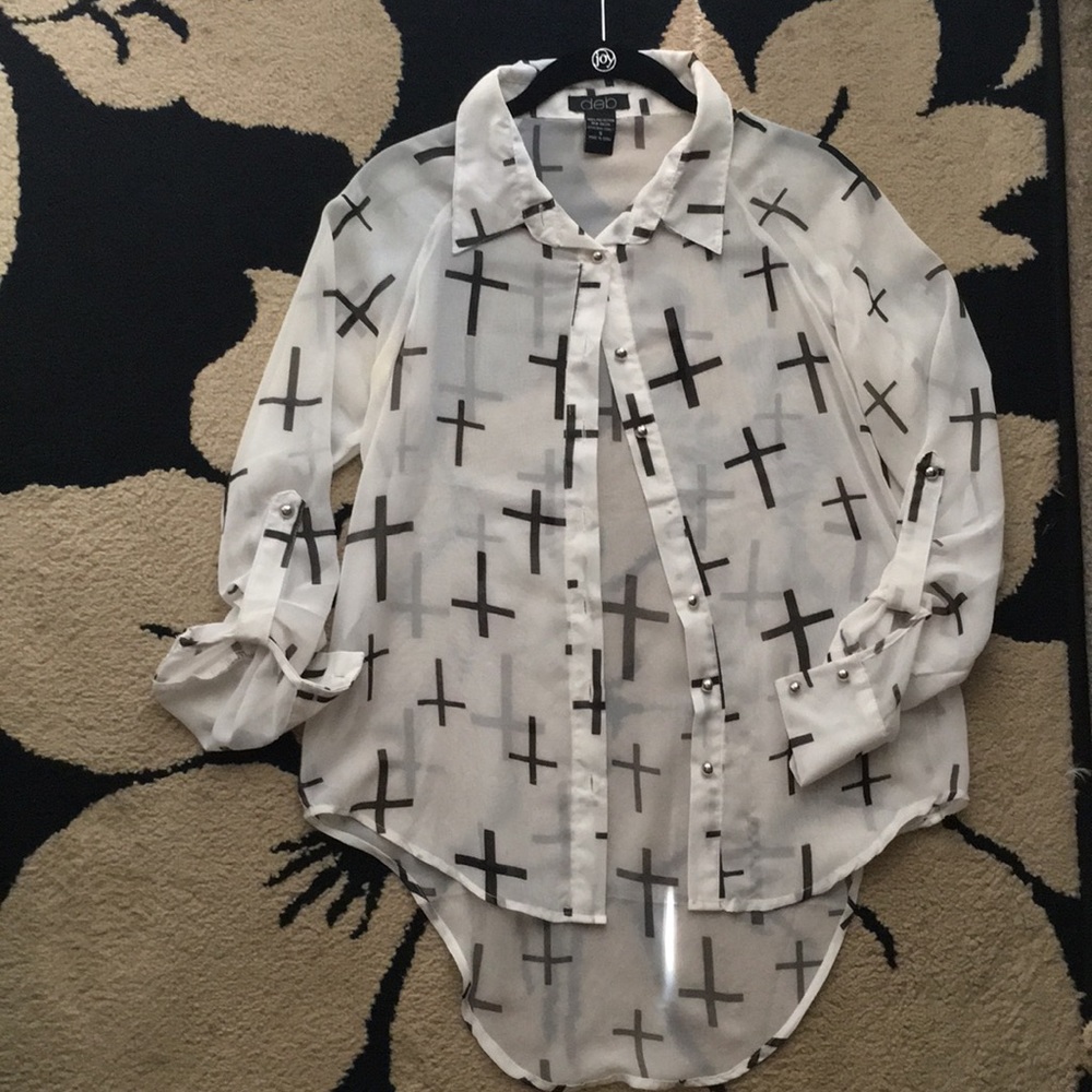 🖤🤍 Deb Cross Print Sheer Button-Up Blouse 🤍🖤